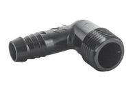 Angled view of Rain Bird SBE050 1/2-inch Male NPT to 1/2-inch spiral barb elbow fitting made from acetal plastic for irrigation use.