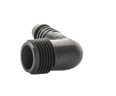 Close-up showing the spiral barb profile and aggressive barb lip on the Rain Bird SBE050 elbow, highlighting the sealing surface details.