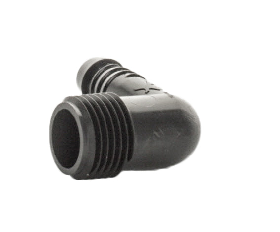 Close-up showing the spiral barb profile and aggressive barb lip on the Rain Bird SBE050 elbow, highlighting the sealing surface details.
