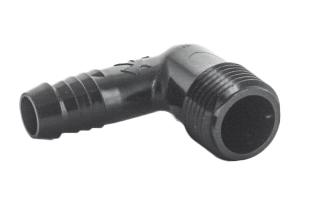 Angled view of Rain Bird SBE050 1/2-inch Male NPT to 1/2-inch spiral barb elbow fitting made from acetal plastic for irrigation use.