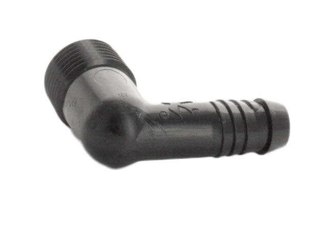 Three-quarter product shot of the Rain Bird SBE050 elbow demonstrating the compact elbow shape and extended barb to reduce blowouts.