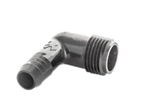 Side profile of the SBE050 elbow showing 1/2-inch Male NPT threads and the smooth acetal body for durable irrigation connections.
