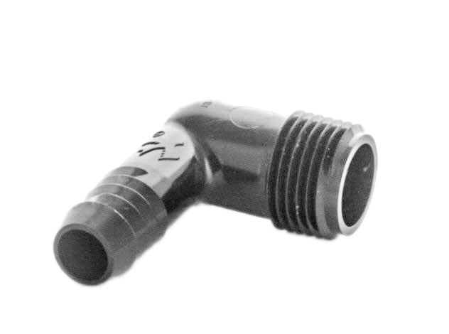 Side profile of the SBE050 elbow showing 1/2-inch Male NPT threads and the smooth acetal body for durable irrigation connections.