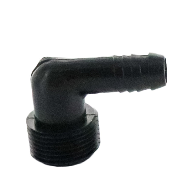 Rain Bird SBE-075 3/4" M NPT x 1/2" barb elbow, black acetal, angled view showing the male thread and spiral barb insertion end for swing pipe connections.