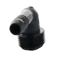 Side view of Rain Bird SBE-075 3/4" M x 1/2" barb elbow highlighting right-angle profile and acetal construction for durability.