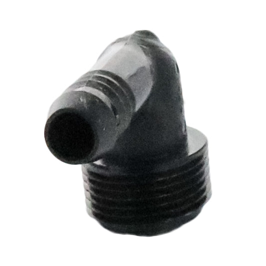 Side view of Rain Bird SBE-075 3/4" M x 1/2" barb elbow highlighting right-angle profile and acetal construction for durability.