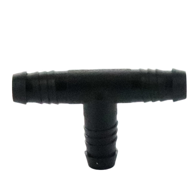 Close-up of Rain Bird SBTEE 1/2 in. acetal spiral-barb tee showing three 1/2 in. barb connections and profile (top view).