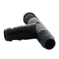 Rain Bird SBTEE 1/2 in. barb tee inserted into 1/2 in. swing pipe showing twist-in connection and secure fit detail.