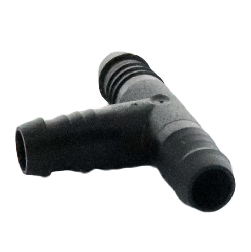 Rain Bird SBTEE 1/2 in. barb tee inserted into 1/2 in. swing pipe showing twist-in connection and secure fit detail.