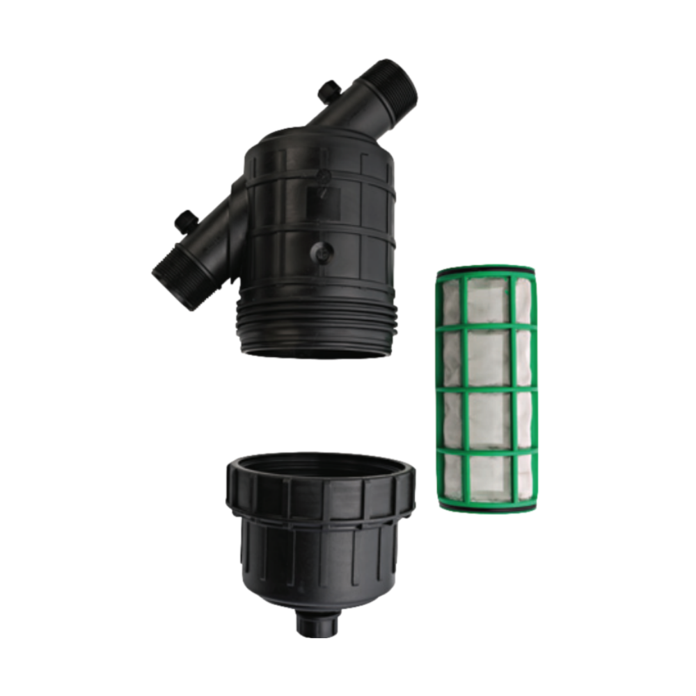 Disassembled Netafim SF100-155 showing green 155-mesh nylon screen cartridge, EPDM O-ring, and polypropylene filter housing components.