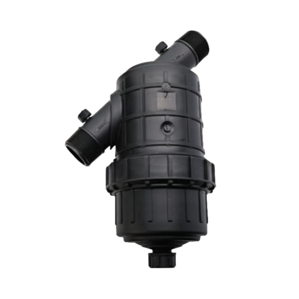 Front view of Netafim SF100-155 1 in manual in-line screen filter with black polypropylene body and 155-mesh nylon cartridge.
