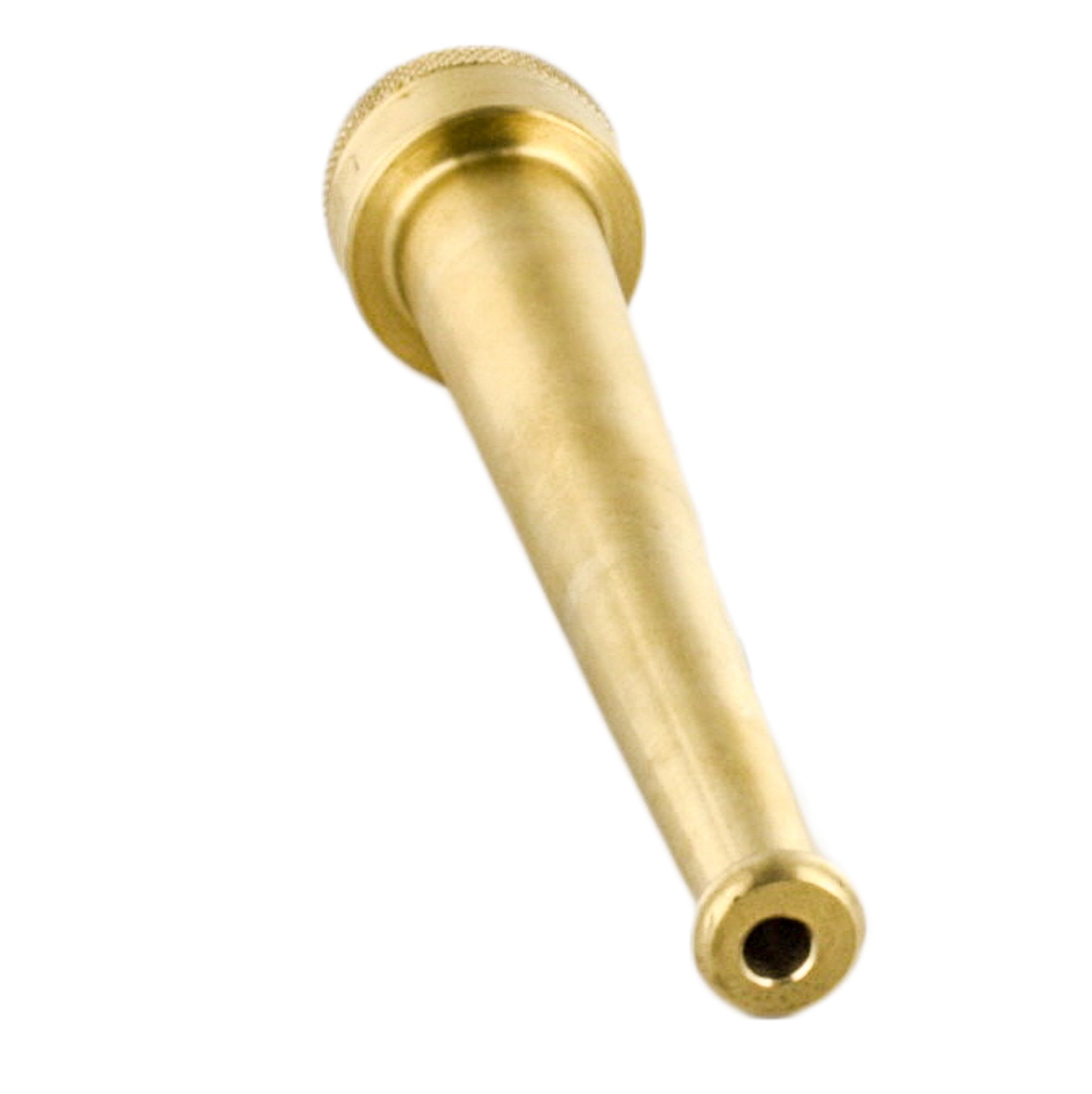 Underhill SN6-75 power nozzle next to a standard garden hose thread, illustrating the 3/4-inch FHT connection and durable finish.