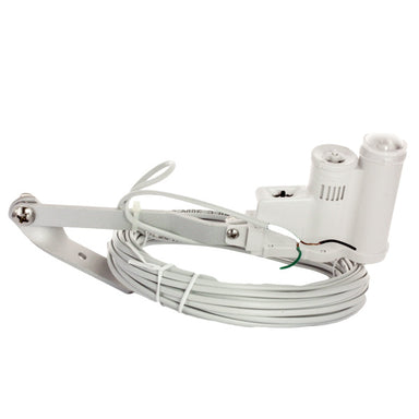 Front view of Hunter Solar Sync Sensor (SOLARSYNCSEN) in white polycarbonate housing with mounting arm, vent ring, and sensing window, ready for installation.