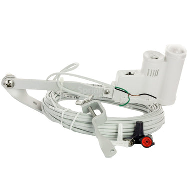 Angled view of Hunter Solar Sync Sensor SOLARSYNCSEN showing rear mounting bracket, 25' factory‑mounted wire, and gutter mount attachment for flexible placement.