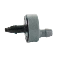 Front view of Rain Bird SPB025 1/4-inch self-piercing barb connector showing gray outlet and rugged plastic body for drip systems.