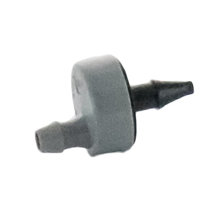 Close-up of Rain Bird SPB025 showing gray outlet barb and textured plastic body designed for secure tubing connection.