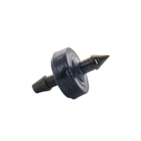 Close-up of Netafim SPCV05-25 blue 0.5 GPH self-piercing emitter showing inlet and outlet barb details and check valve.