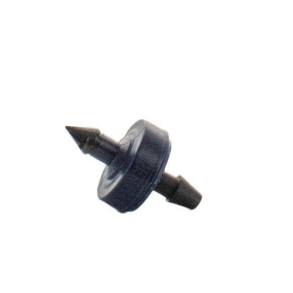 Top view of the blue 0.5 GPH self-piercing emitter emphasizing the check valve nipple and barb connections for tubing.