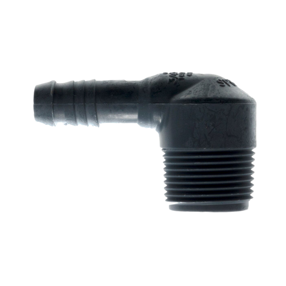 Close-up of SPEARS 1413-099 spiral barb elbow highlighting the spiral barb detail and MIPT thread on the polypropylene body for secure hose connections.