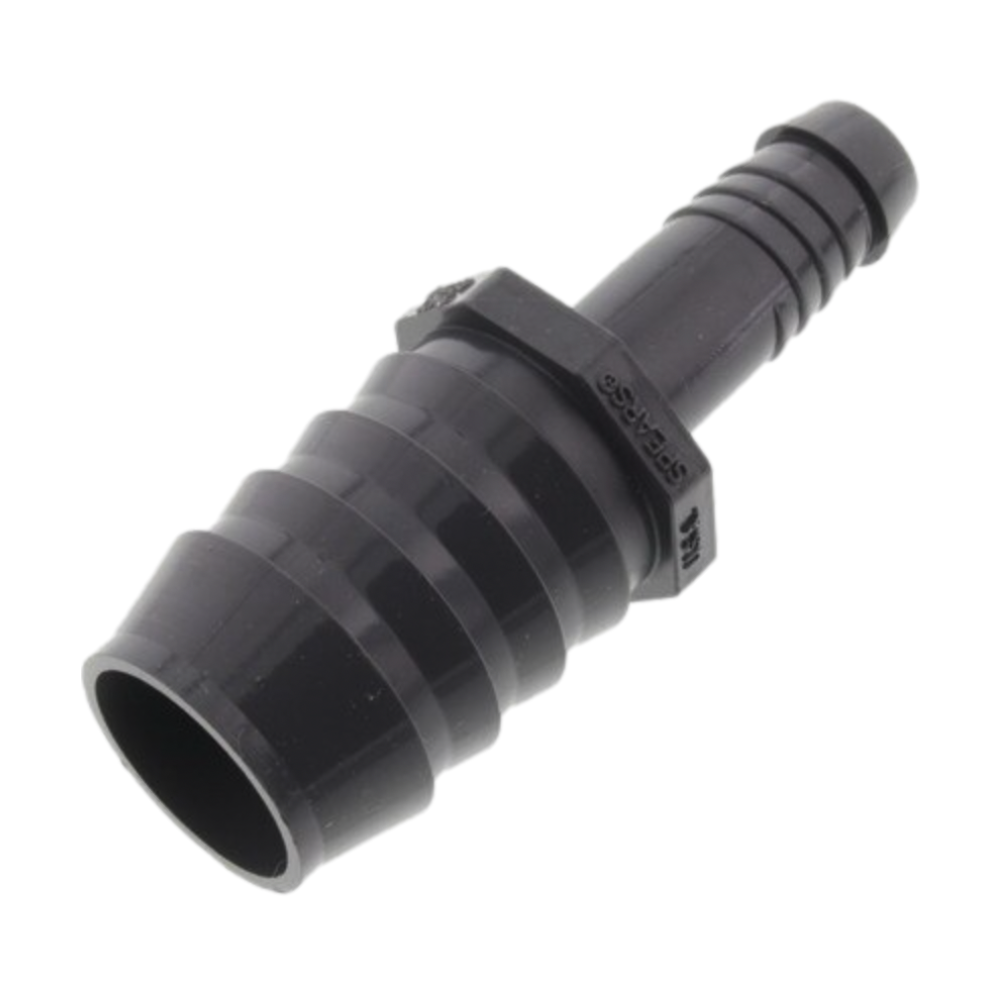 Gray SPEARS 1429-129 PVC reducing coupling (insert to spiral barb), 1-inch insert to 3/8-inch spiral barb, product side view, plastic fitting
