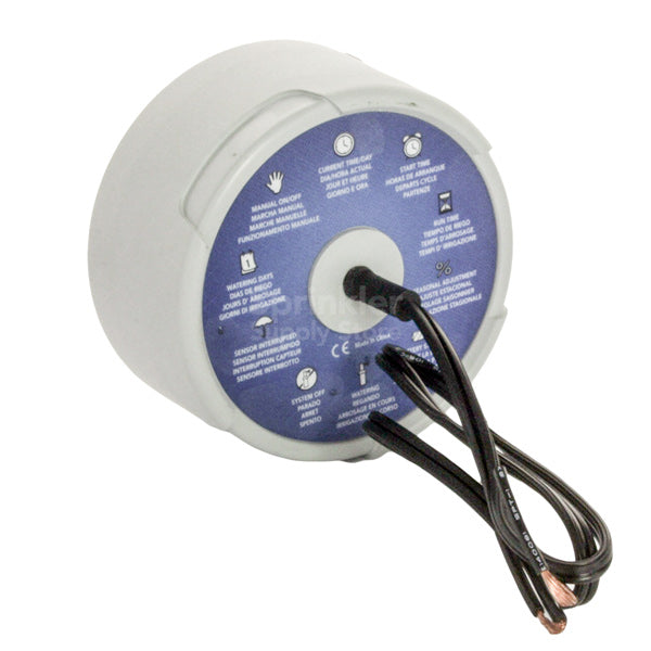 Angled view of SPNODE solar panel connected to Hunter NODE controller, highlighting compact profile, wiring connection, and outdoor-rated finish.