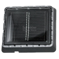 Hunter SPXCH solar panel kit mounted on outdoor surface, compact rectangular panel with sealed charging cell and long outdoor-rated cable (40 ft) for controller power.