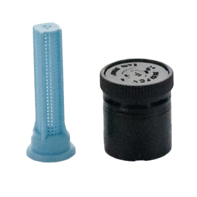 Close-up of SQFUL full-pattern nozzle showing adjustment cap, square-pattern outlet, and plastic body on plain background, highlighting two-throw setting and flow ports.