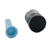 Side view of a Rain Bird SQ Series nozzle with visible square outlet and blue filter screen, illustrating compact low-volume design for tight planting areas.