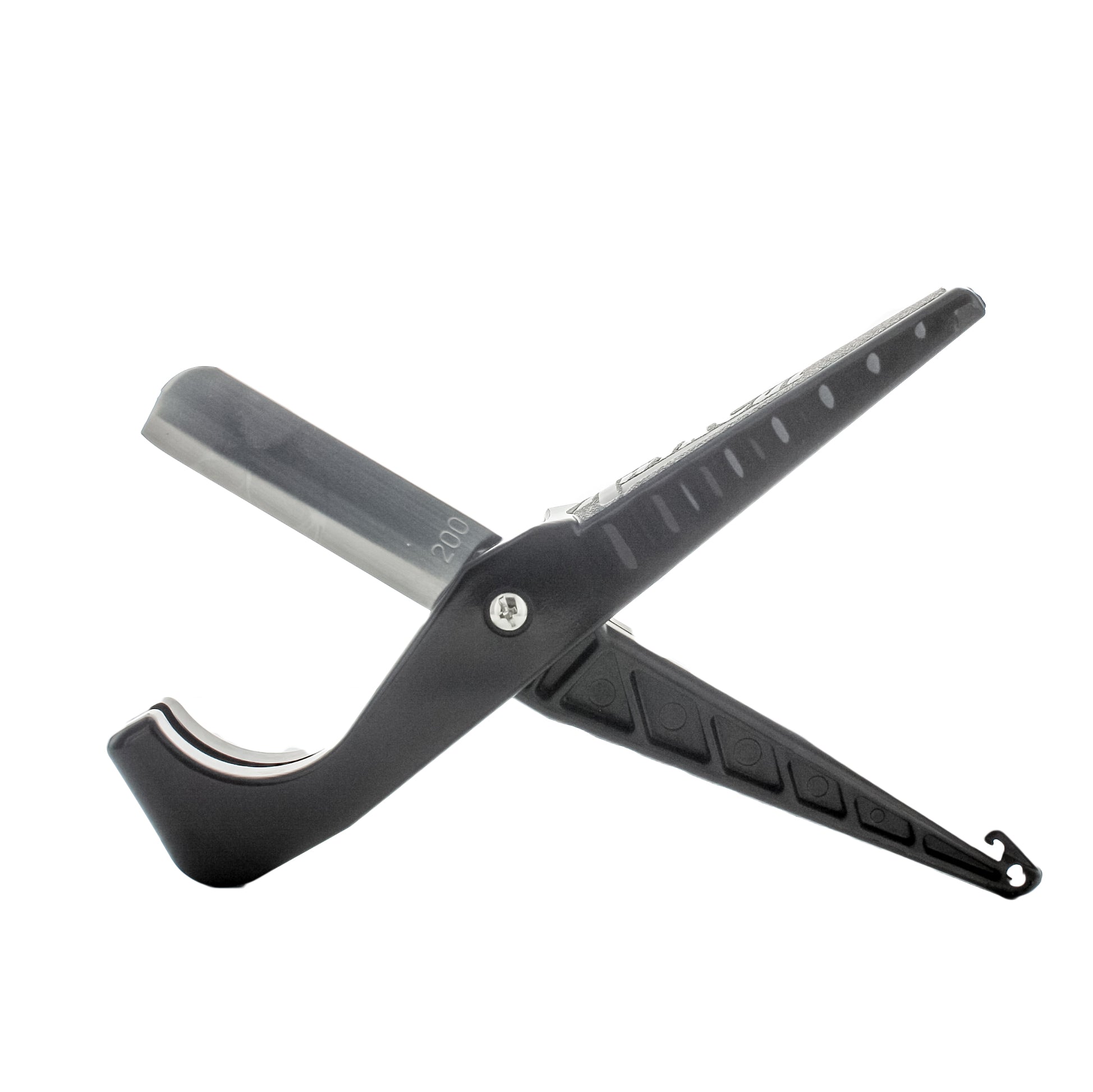 Three-quarter view of the black-handled Dawn SS200 KwikCut cutter with stainless-steel blade exposed, ready to cut poly pipe and tubing.