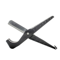 Three-quarter view of the black-handled Dawn SS200 KwikCut cutter with stainless-steel blade exposed, ready to cut poly pipe and tubing.