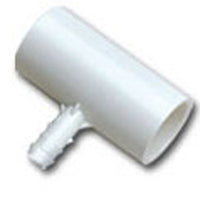 Dawn ST-007 KwikSlip PVC glue tee, white Schedule 40 PVC, 3/4" x 3/4" x 1/2", barb and spike visible.