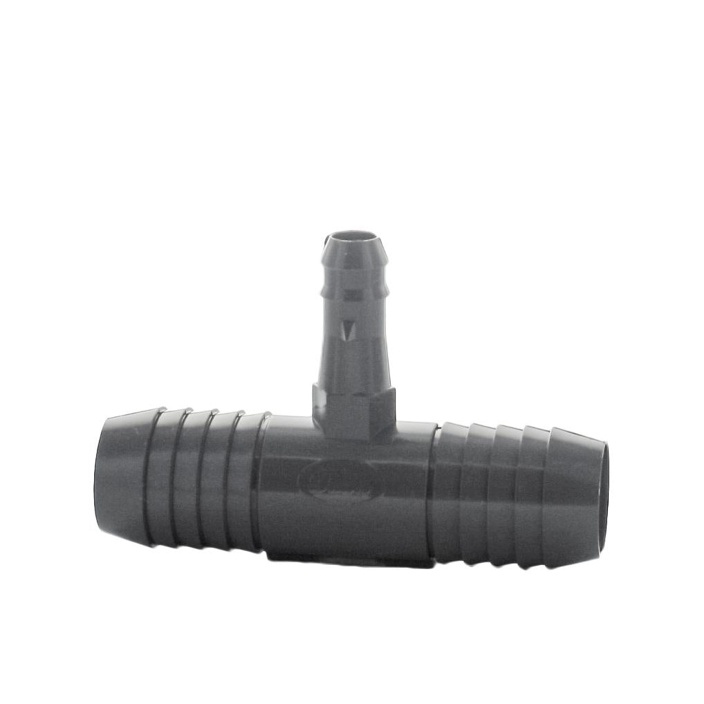 Product close-up: Dawn Industries KwikAdapt SW1401-099 3/4" Insert x Swing/Funny Tee showing barb and threaded outlet for polyethylene connections, studio white background, clear product detail, front view.