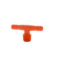 Dawn Industries KwikAdapt poly swing tee SW1403-003 in orange, showing the barb insert and the 1/2 in. MPT threaded outlet for connection.
