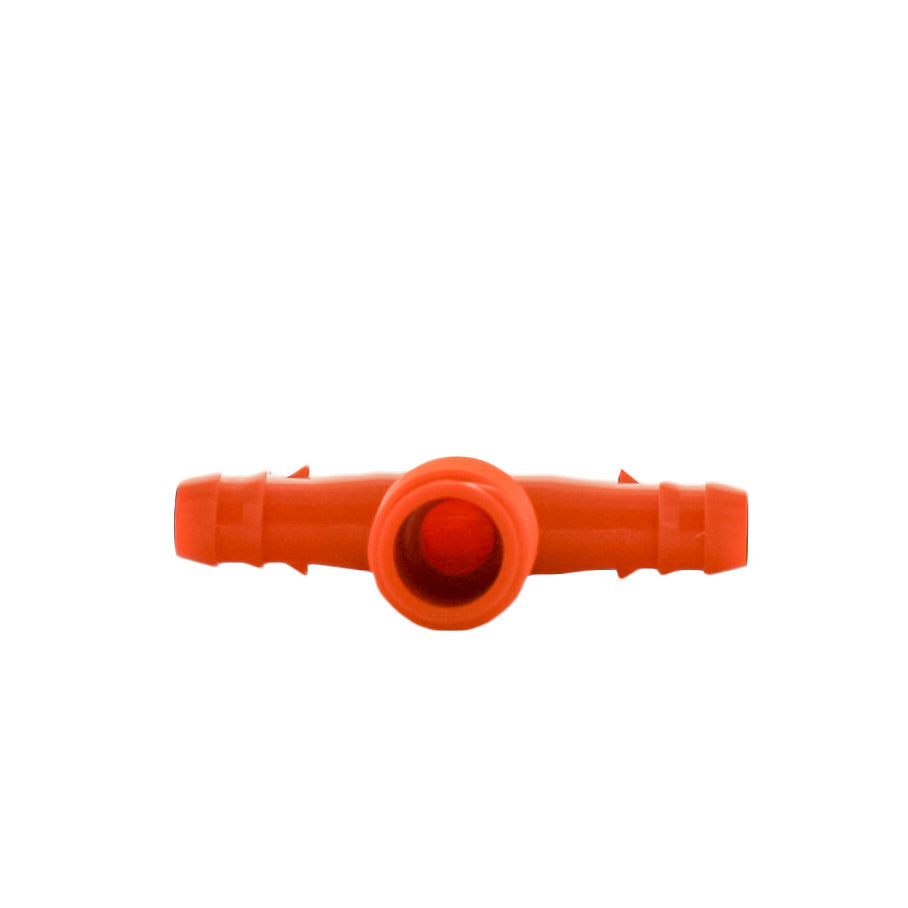 Side-angle photo of SW1403-003 KwikAdapt swing tee showing 0.490 in. barb, 1/2 in. MPT thread and orange polyethylene construction.