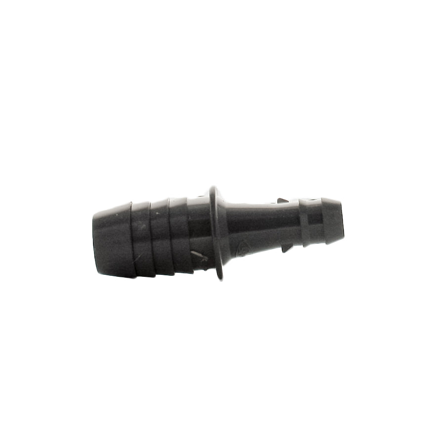 Angled product view of SW1429-099 Dawn poly coupler adapter, showing barb and spike for quick PE-to-Swing installs.