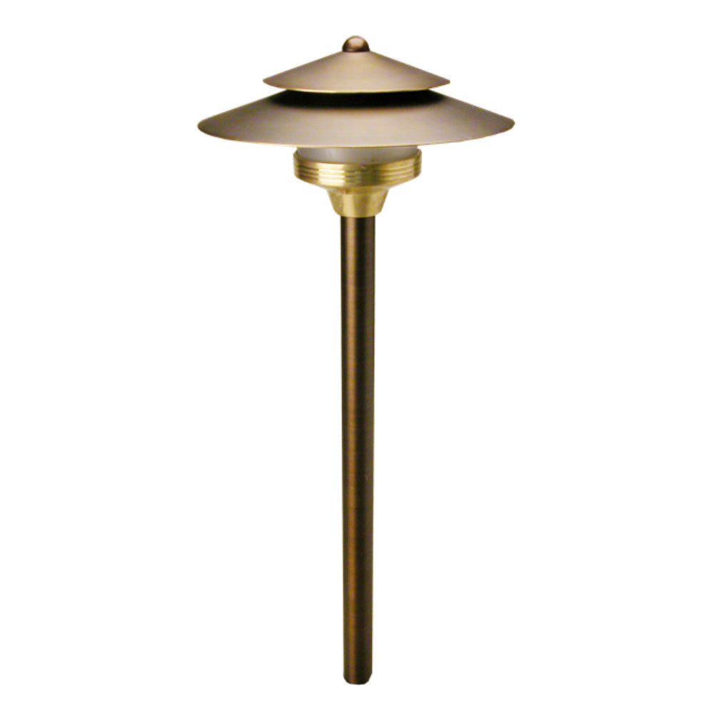 Unique Saturn 18-inch brass path light in Weathered Brass finish showing frosted cylindrical polycarbonate lens, 18" riser and mounting stake, no lamp included.