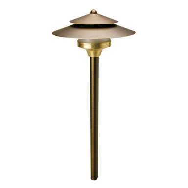 Unique Saturn 18-inch brass path light in Weathered Brass finish showing frosted cylindrical polycarbonate lens, 18" riser and mounting stake, no lamp included.