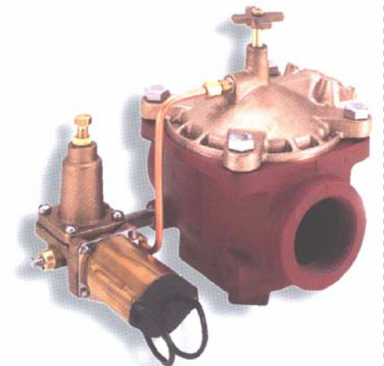 Griswold 2230H 1 in. pressure reducing valve, cast iron body, bronze internals, top-mounted solenoid coil, front-angle product photo.