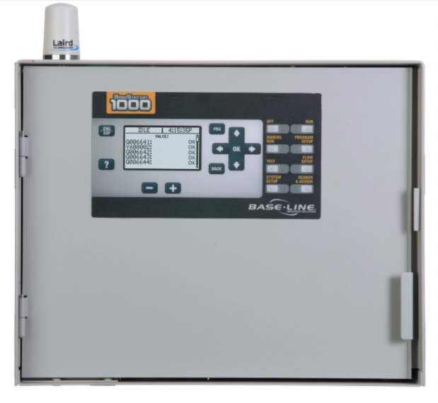 Front view of Baseline BaseStation 1000 controller showing LCD interface, enclosure, and wall-mount points for professional irrigation installations.
