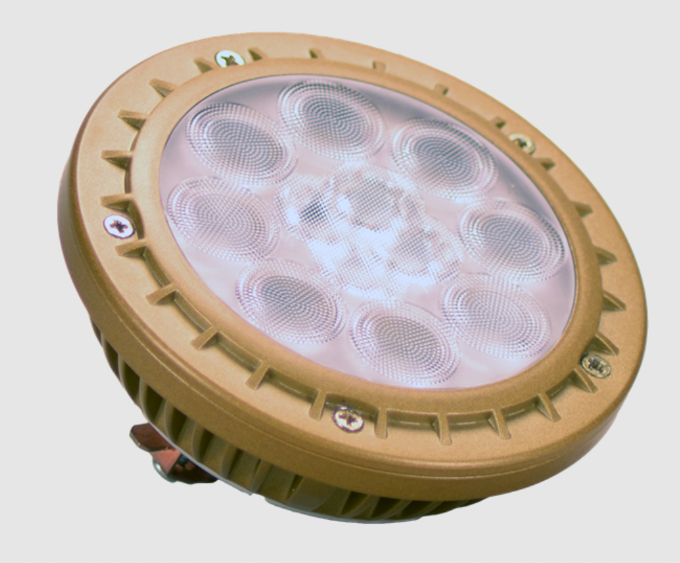 Product image of Unique Flex Gold Vivid PAR36 LED bulb (10W) showing lens, heat sink and base for landscape fixtures.