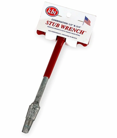 Red-handled metal combination stub wrench for removing broken 1/2 in. and 3/4 in. plastic sprinkler risers, full tool view.