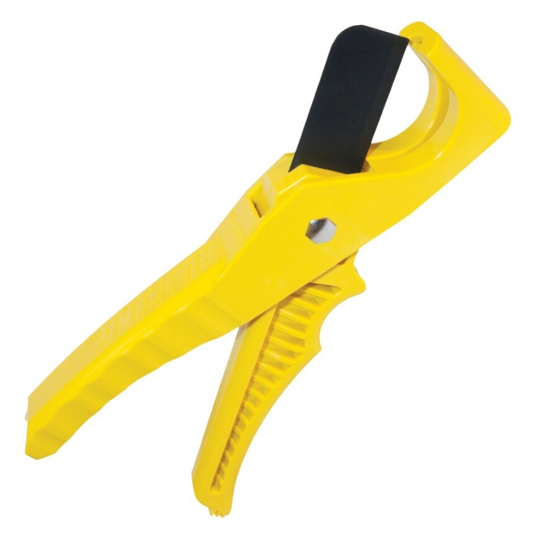 Pro-Trade PVC pipe cutter showing PTFE-coated blade and quick-release screw, ergonomic handle, and cutting head on white background (product view)