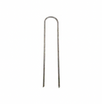 Close-up of Pro-Trade 6-inch round-top sod staples on white background, silver steel finish, 11-gauge, showing packaged options and staple shape clearly