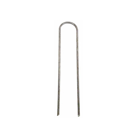Close-up of Pro-Trade 6-inch round-top sod staples on white background, silver steel finish, 11-gauge, showing packaged options and staple shape clearly