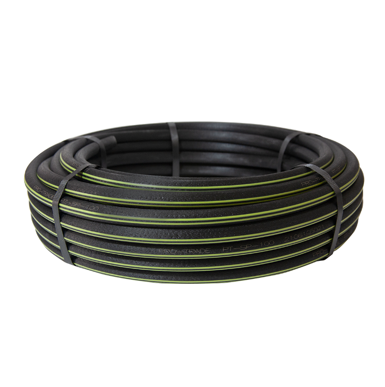 Coiled Pro-Trade PT-SP-100 1/2-inch swing pipe roll, 100 ft, showing textured black tubing in an easy-feed coil ready for irrigation installation.