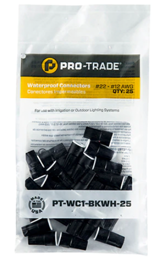 Close-up of Pro-Trade black and white waterproof wire connectors in a clear canister, showing connector bodies, label, and packaged product for outdoor wiring projects.