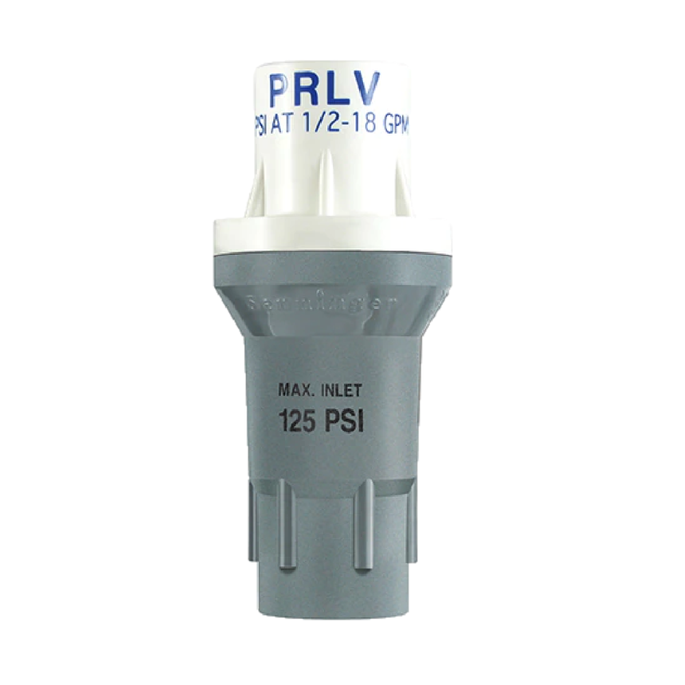 Close-up of Senninger PRLV limit valve pressure regulator with 1-inch female NPT inlet and outlet, durable plastic body, preset pressure valve (40 psi variant)