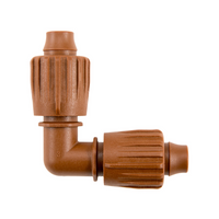 Angled product photo of Hunter PLD-LOC 90-degree locking elbow, brown 17 mm dripline fitting on white background, close-up view.
