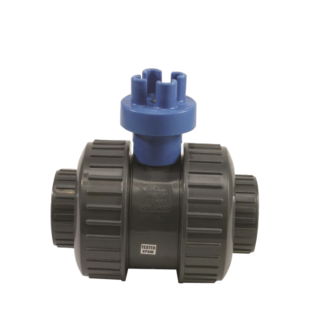 Lasco 1 in. PVC Slo-Close full-block true-union ball valve with EPDM O-ring, angled view showing union connections and valve body