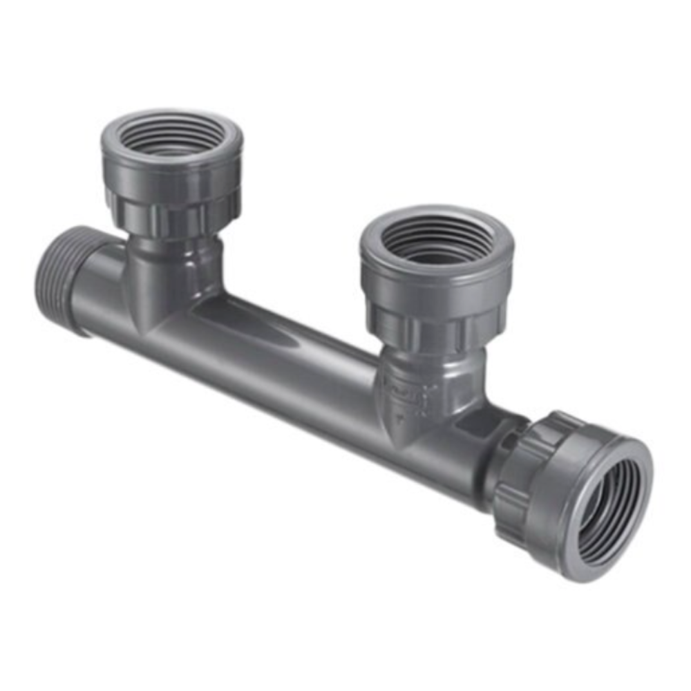 Spears 1-inch two-port PVC manifold tee showing two swivel x MIPT x swivel outlets with large O-Ring seals, gray finish.